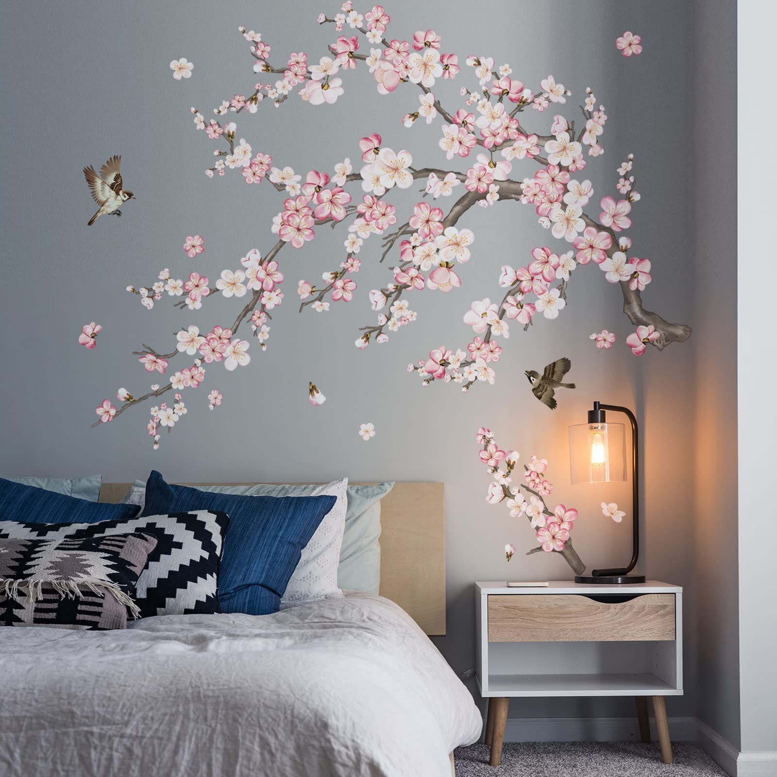 wondever Cherry Blossom Wall Stickers Pink and White Flower Tree Branch Peel …