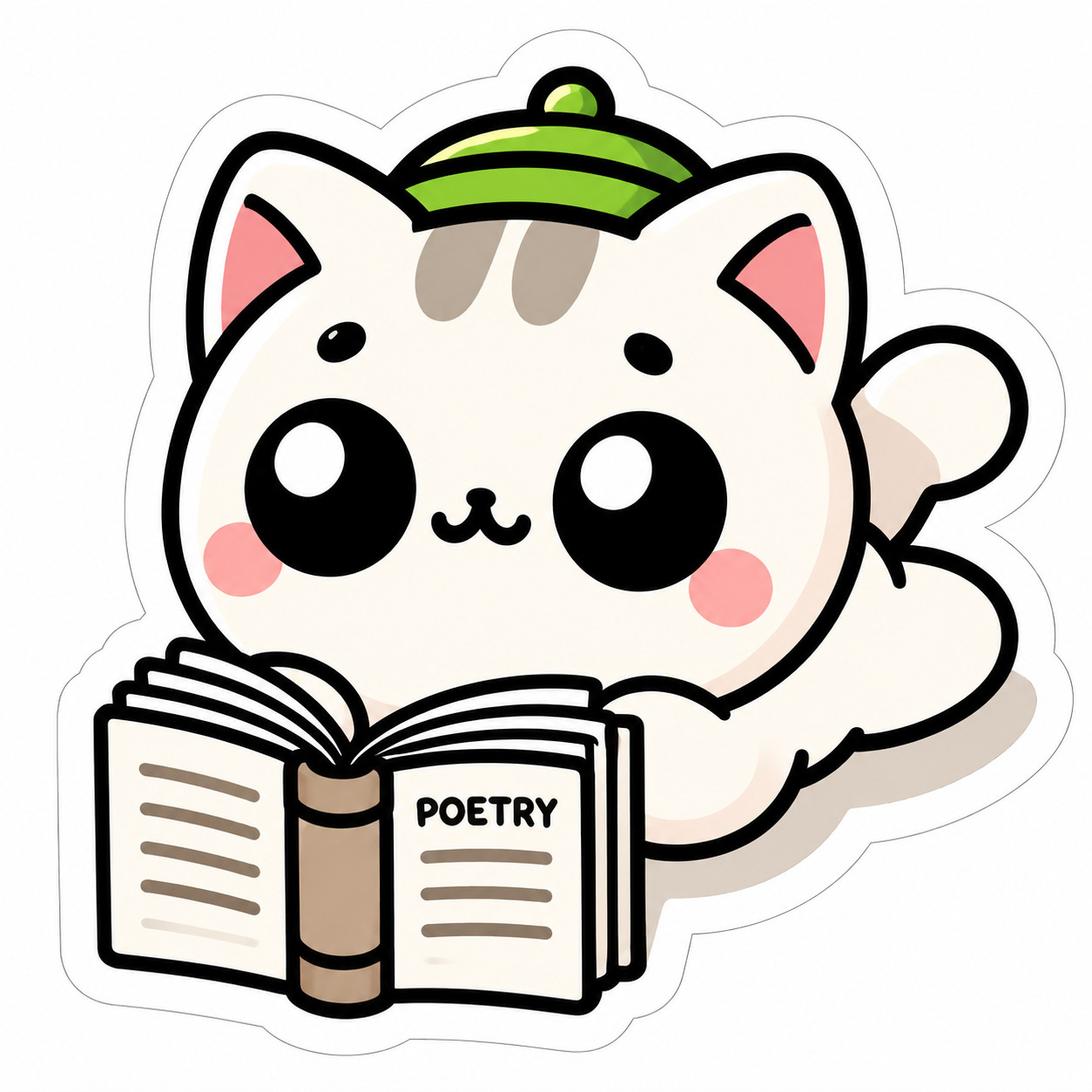 Cute Kawaii Kitten Reading Poetry Vinyl Sticker | Book Lover Cat Cartoon Decal