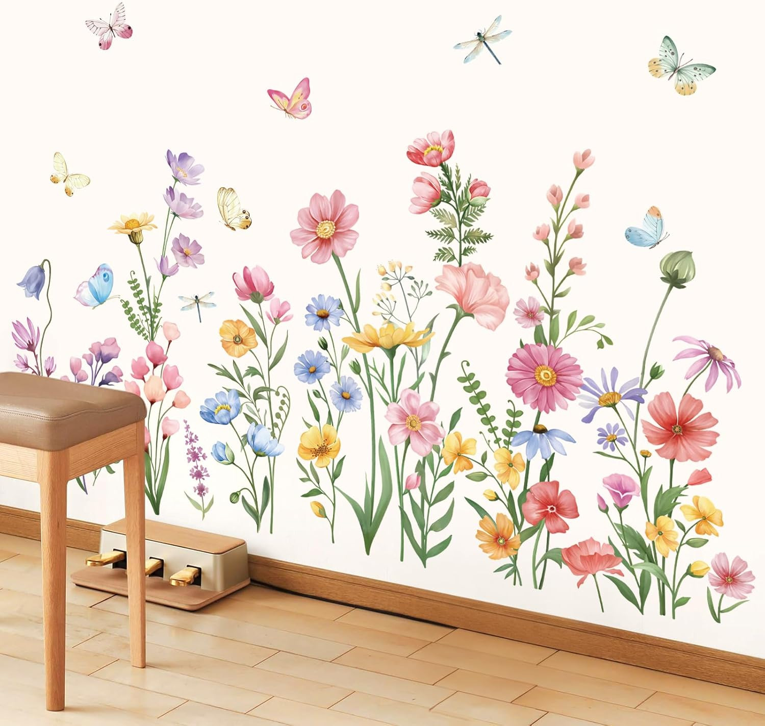 Pink Wildflower Wall Stickers Garden Flower Daisy Butterflies Floral