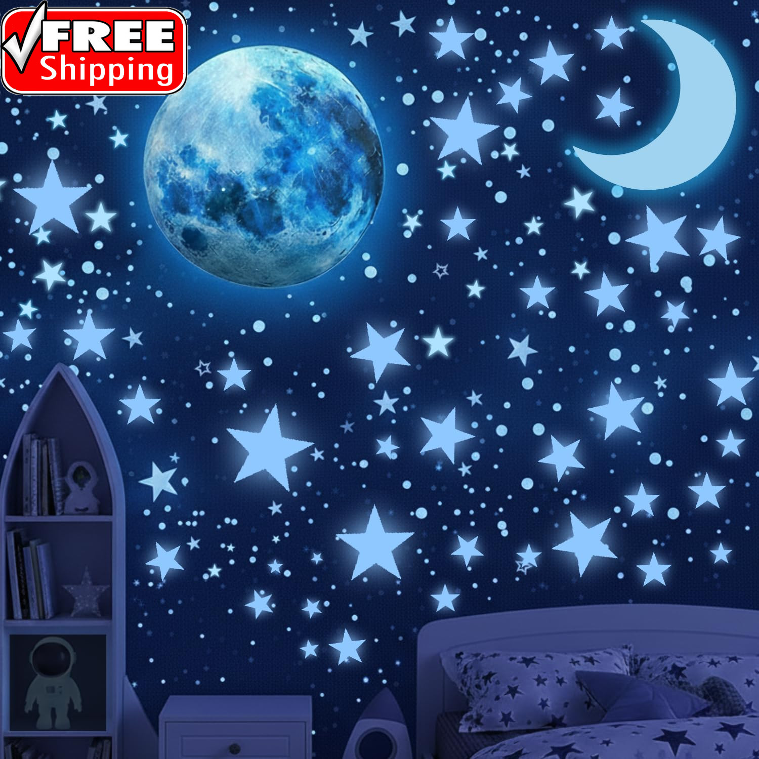 Glow in the Dark Stars for Ceiling, 1050 Pcs with Moons & E-Book (Blue)
