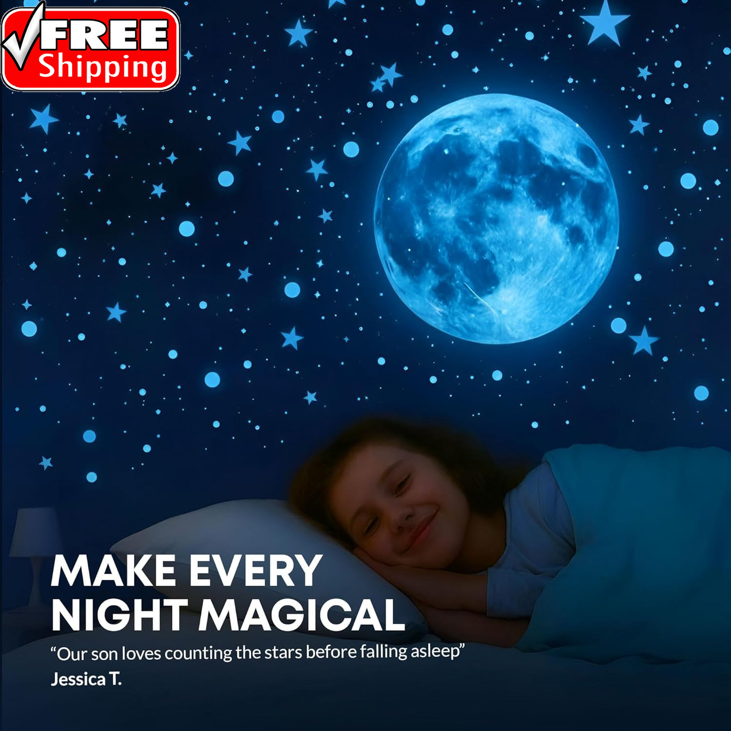 Glow in the Dark Stars for Ceiling, 1050 Pcs with Moons & E-Book (Blue)