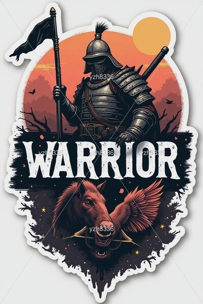 Warrior Sticker Fearsome Knight with Horse and Eagle Design in Sunset Background