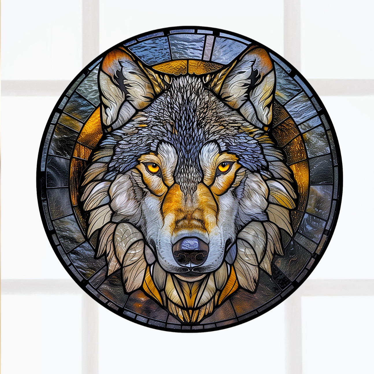 Wolf Faux Stained-Glass WINDOW CLING Sun-catcher Size 8″ Round Vinyl