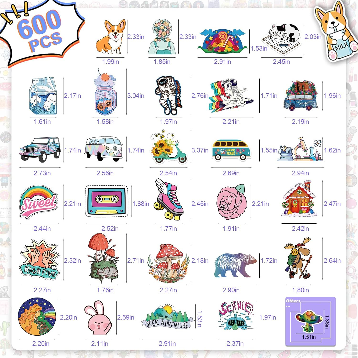 Arme 600 PCS Stickers Pack，Cute Colorful Waterproof Stickers，Vinyl Art Stickers.
