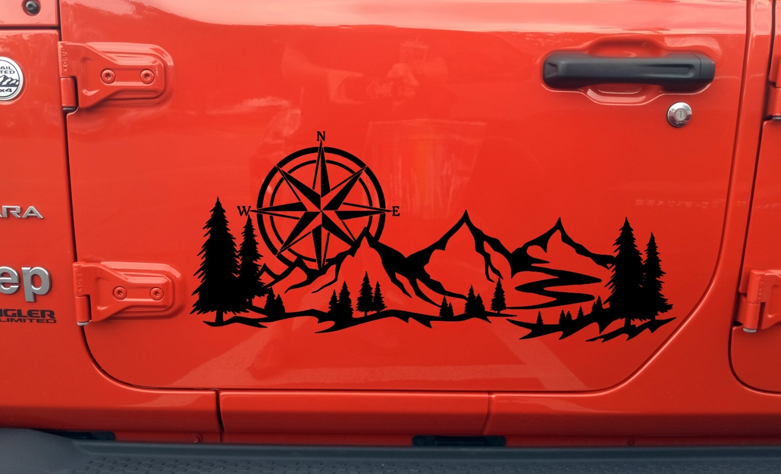 Mountains with Compass Rose Vinyl Decal V2 | Camping RV Travel Trailer Scene
