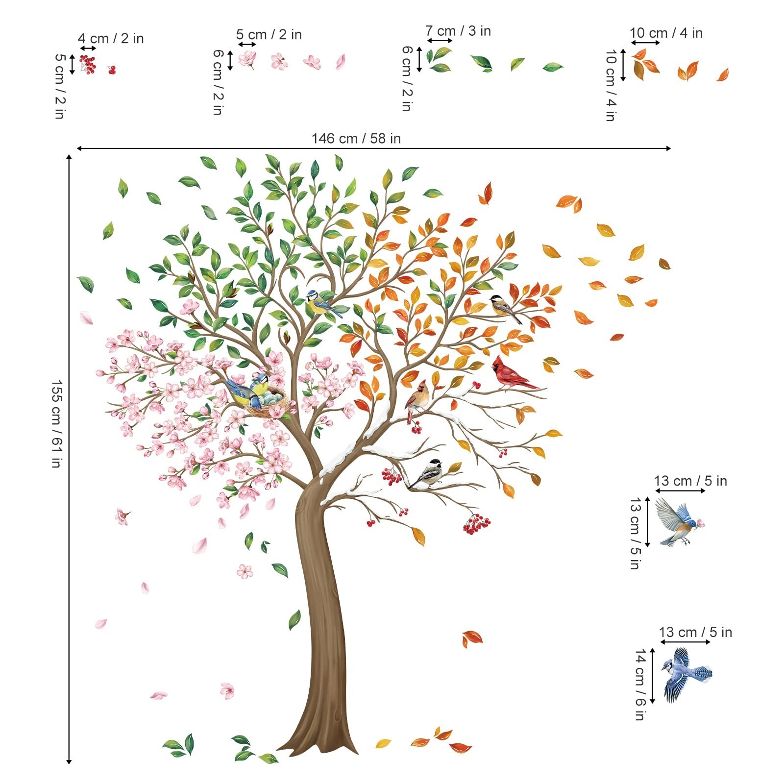 wondever Colorful Large Tree Wall Stickers Tree with Flower Birds Peel and St…