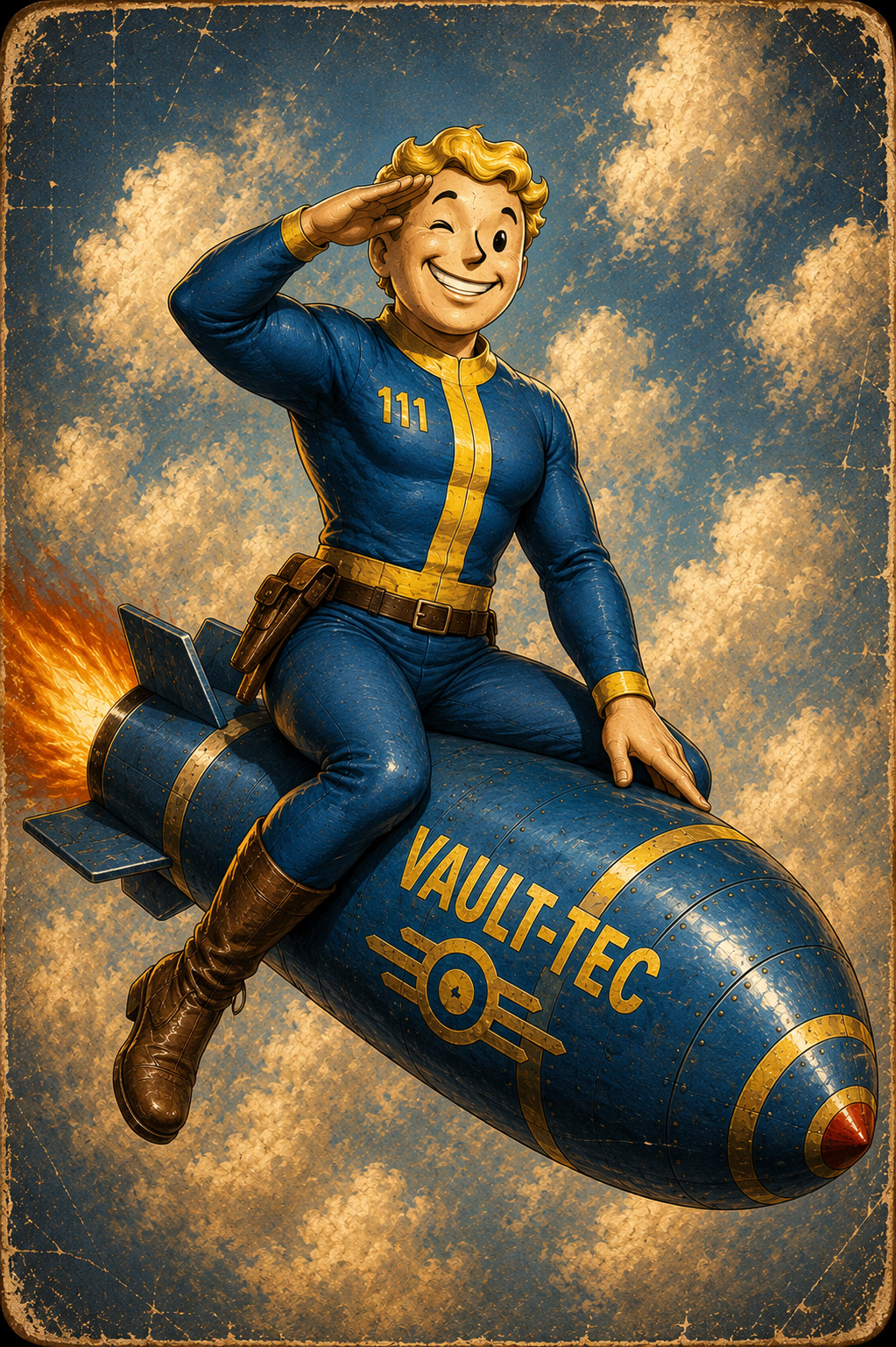 Fallout Vault Boy Riding Vault-Tec Missile Pinup Art Vinyl Sticker Decal