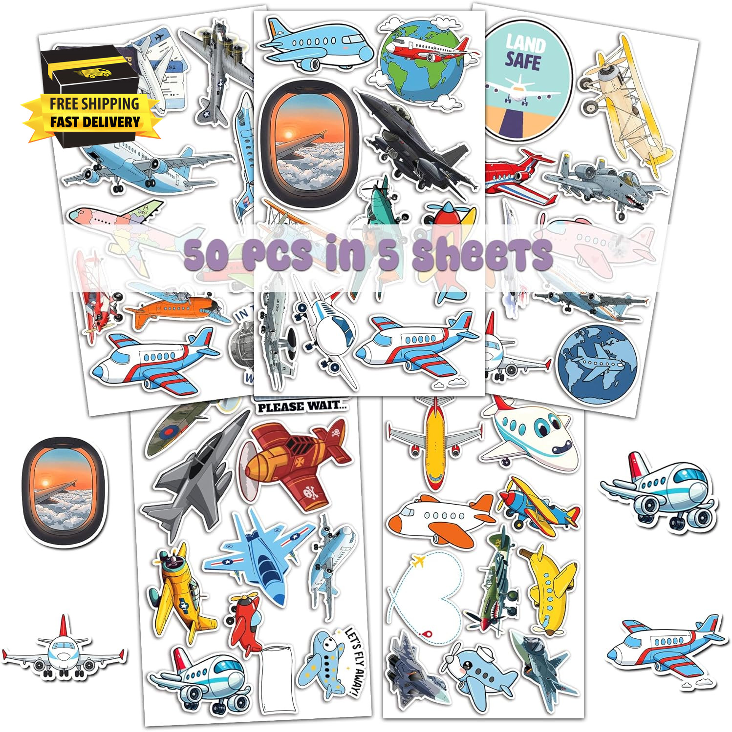 50 Pcs Airplane Vinyl Sticker Waterproof PVC Plane Decals Aircraft Stickers for