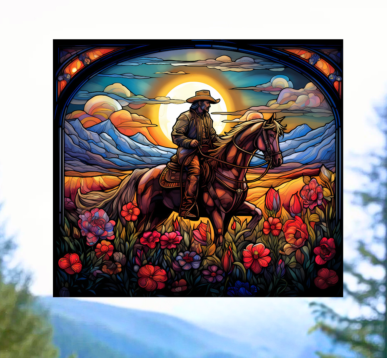 Cowboy on Horse at Sunset Faux Stained-Glass WINDOW CLING Size 9.1″ Vinyl