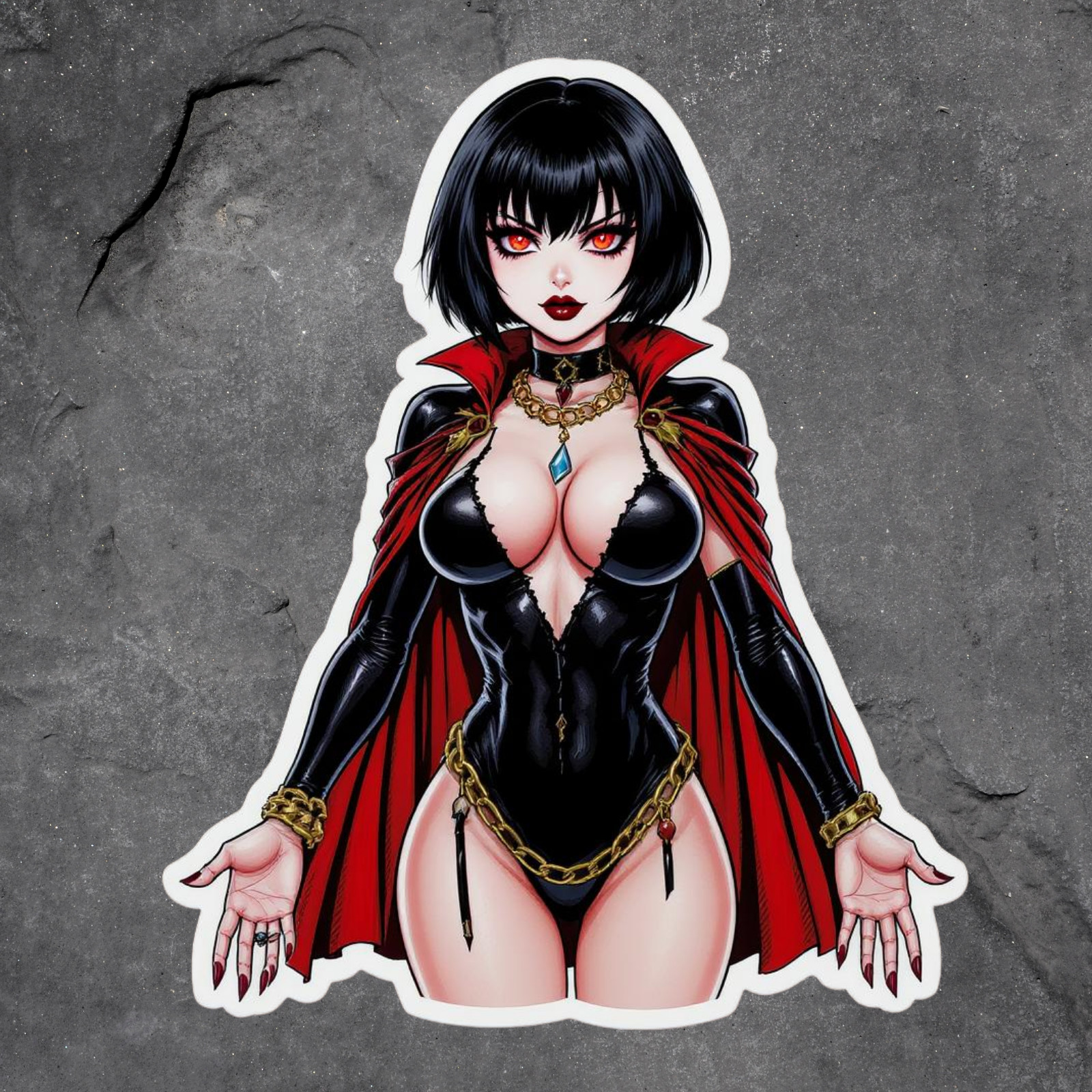 Pinup Girl Sticker Vinyl Decal Gothic Vampire Red Eyes Cape Lingerie Outfit