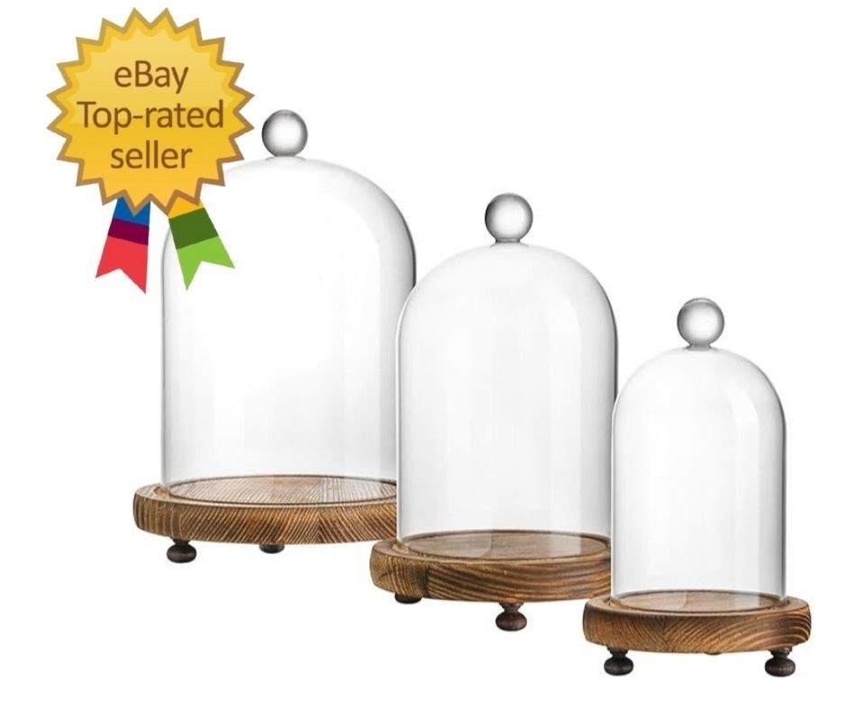 Set of 3 Glass Bell Shape Dome with Wooden Base(4.5»/3.7»/3»), Clear Decorati