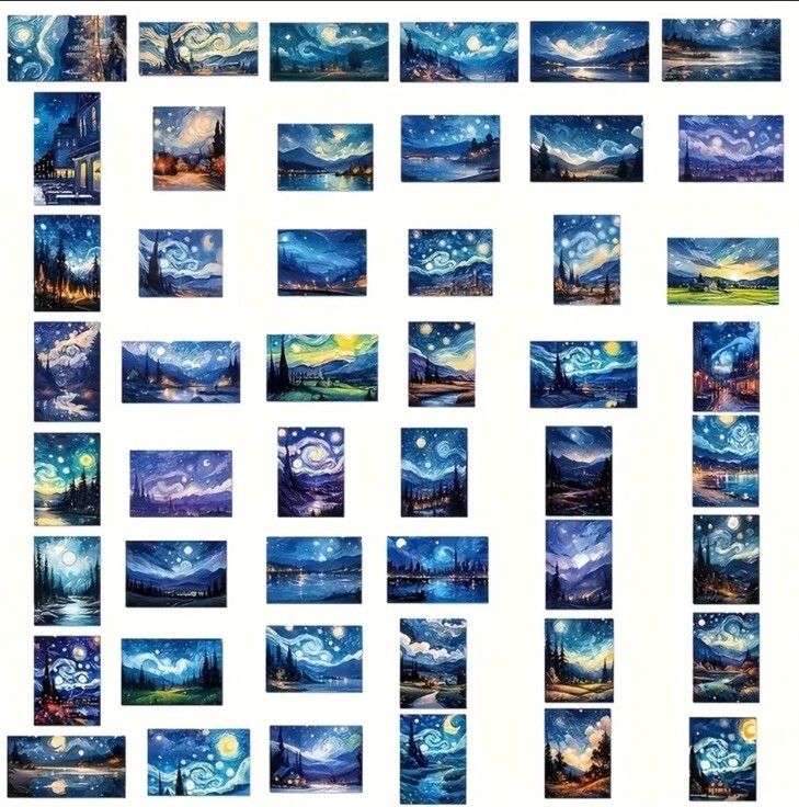 Van Gogh Starry Night Oil Painting Stickers 50pcs Crafts, Laptop, Scrapbooking