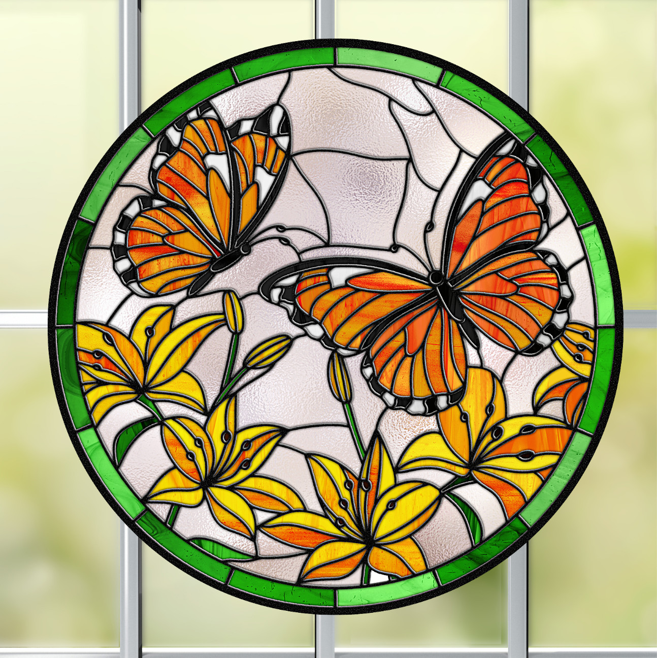 Monarch Butterflies Faux Stained-Glass WINDOW CLING Size 8″ Round Vinyl