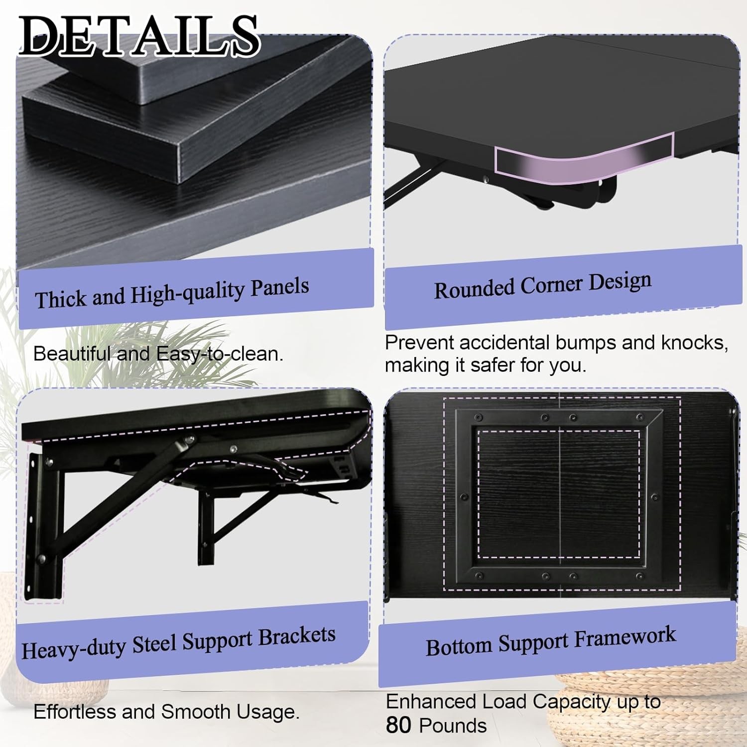 Wall Mounted Folding Table Drop Leaf Desk for Small Spaces Black Modern