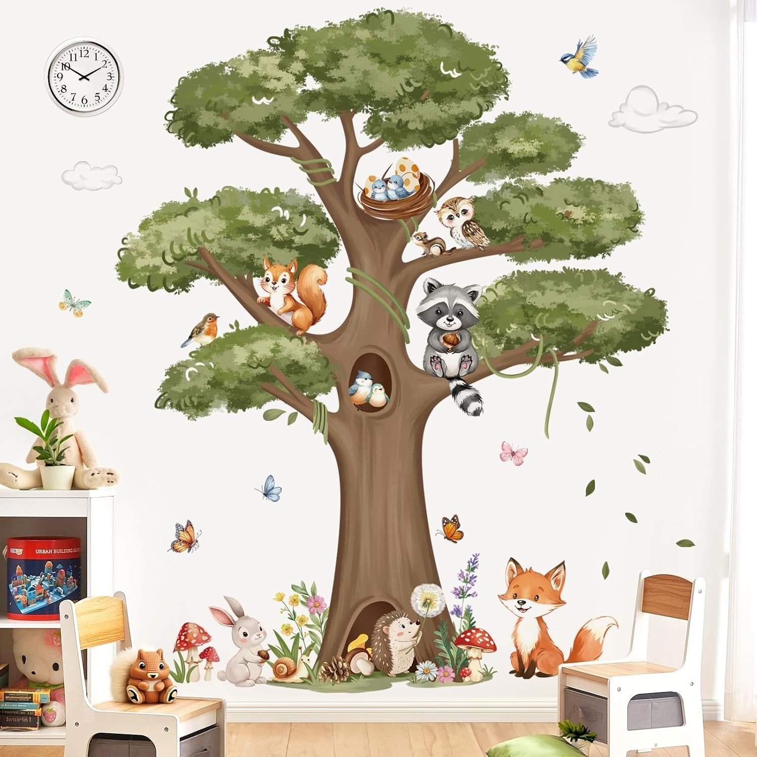 Woodland Animals Large Tree Wall Stickers Forest Animal Fox Rabbit Hedgehog Wall