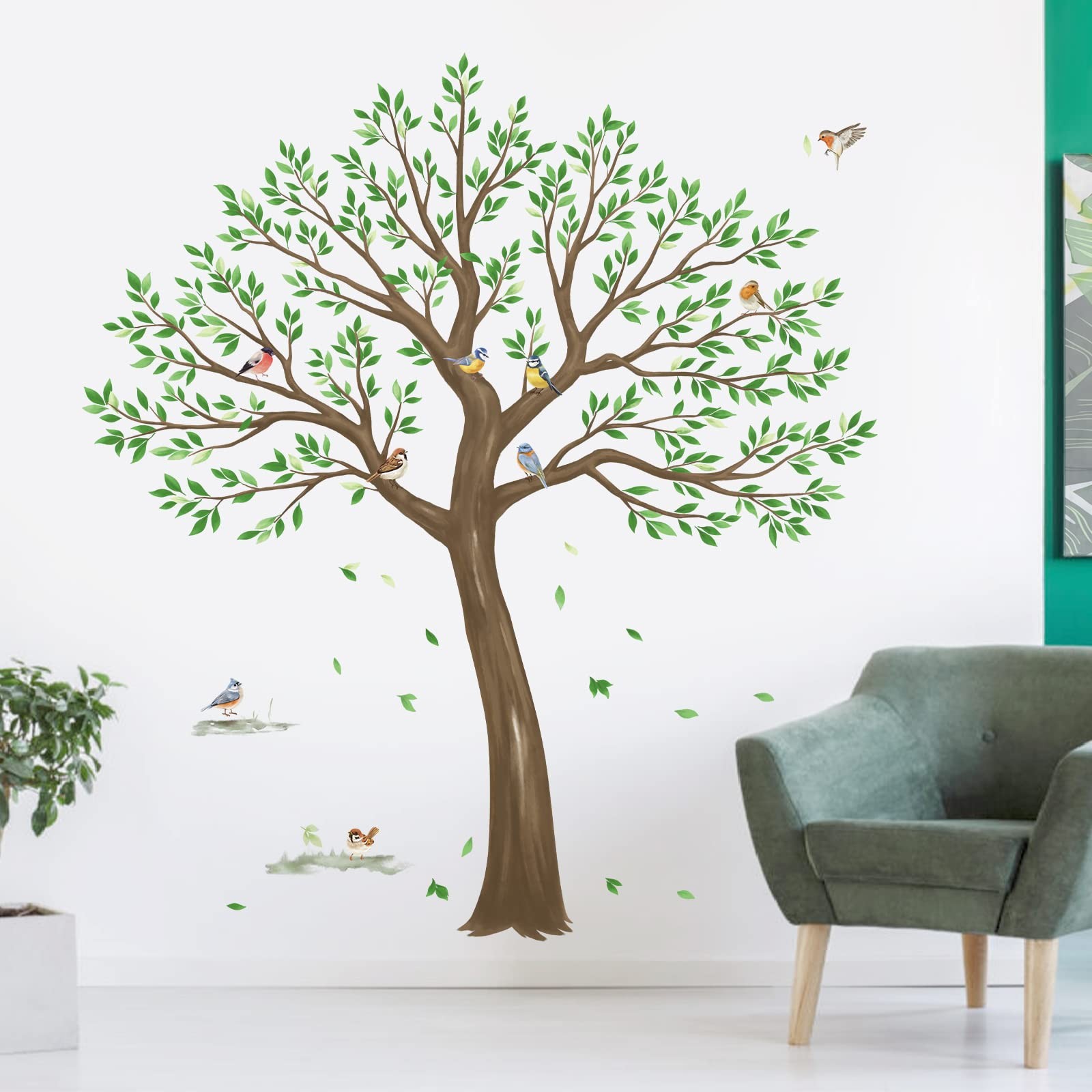 Wondever Tree Wall Decal 63in Green Leaves Birds Vinyl