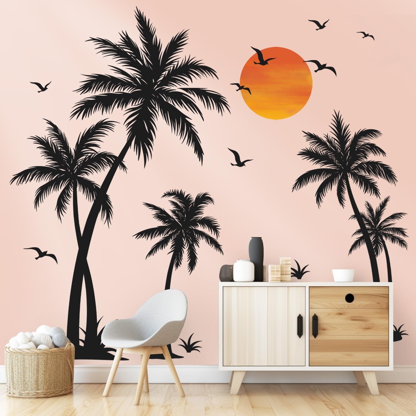 wondever Large Black Palm Tree Wall Stickers Tropical Tree Plants Birds Peel …