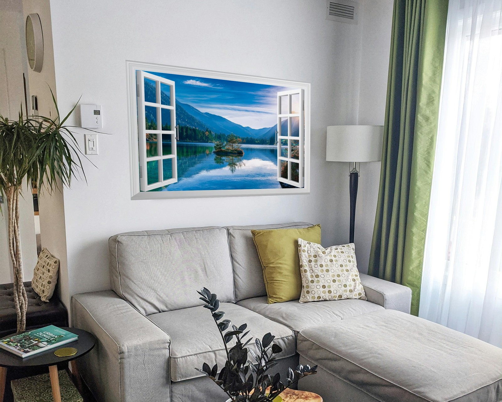 Fake Window Wall Mural – Mountain Lake Faux Window Wall Sticker for Wall Deco…