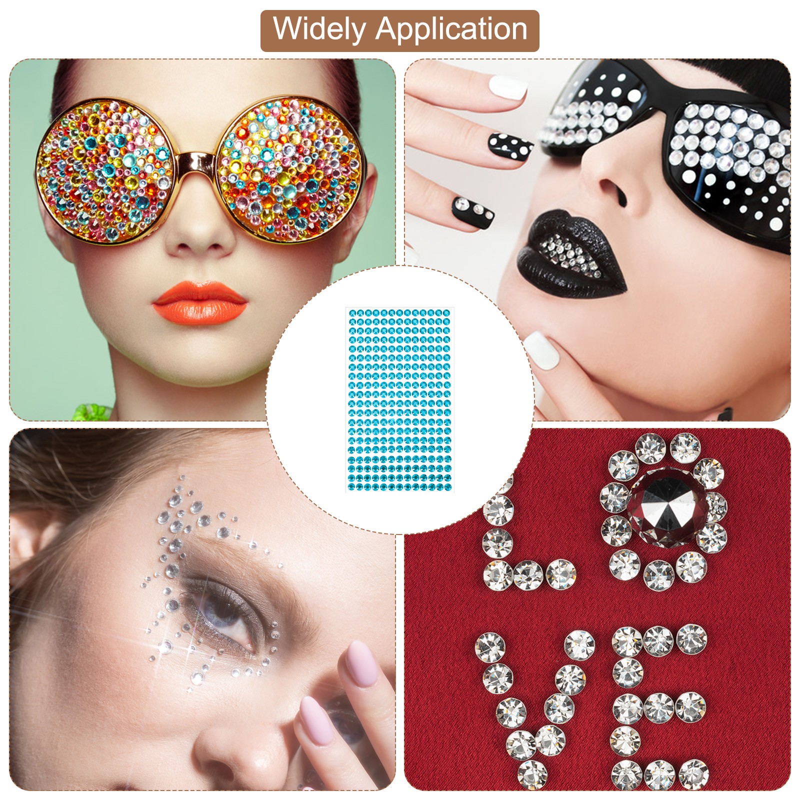 1394Pcs 4mm/6mm Self-Adhesive Rhinestone Stickers for Craft (4 Sheet Blue)