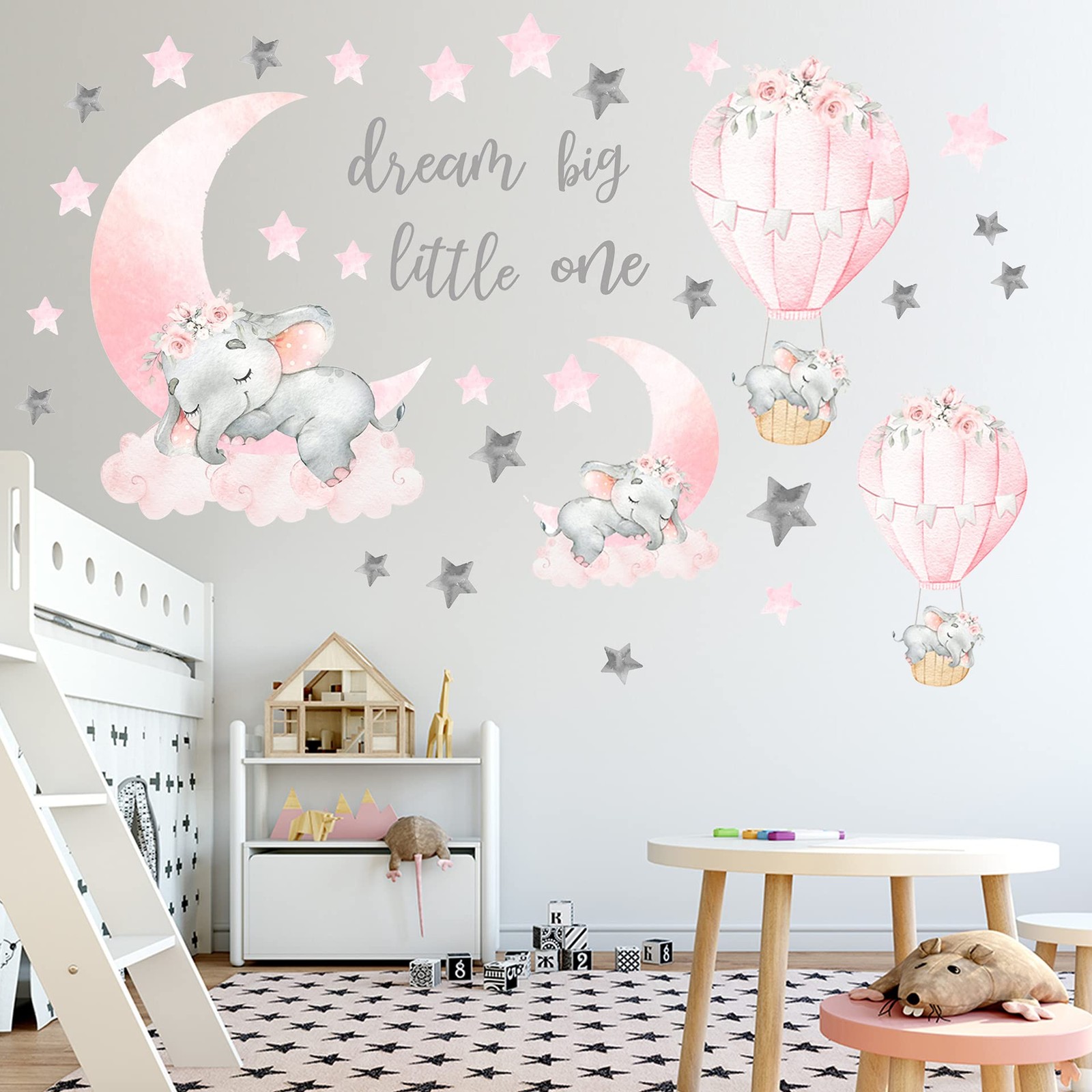 Dream Big Little One Elephant Wall Stickers, Pink 35.4×15.7 inches, Grey,pink