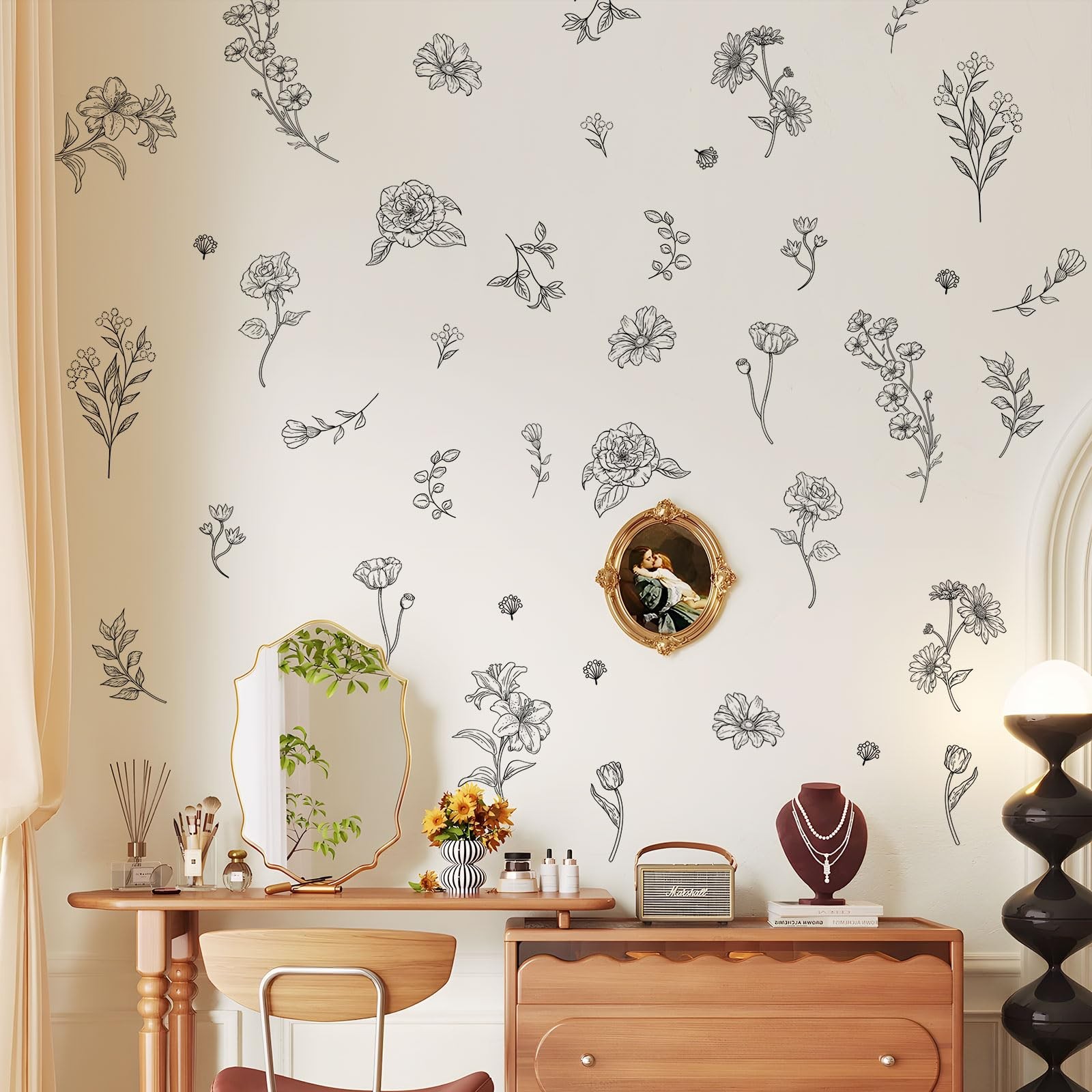 Sketch Wildflower Wall Stickers, 15 Sheets Garden Floral Wall Decals DIY Peel…