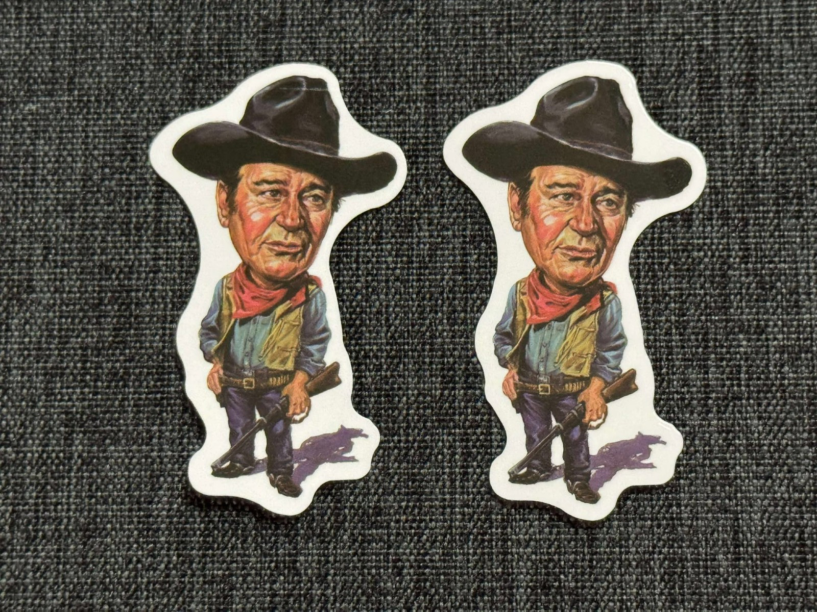 Lot (2) JOHN WAYNE 1 1/4″ x 2 1/4″ Caricature STICKERS Free SHIP! FAST!