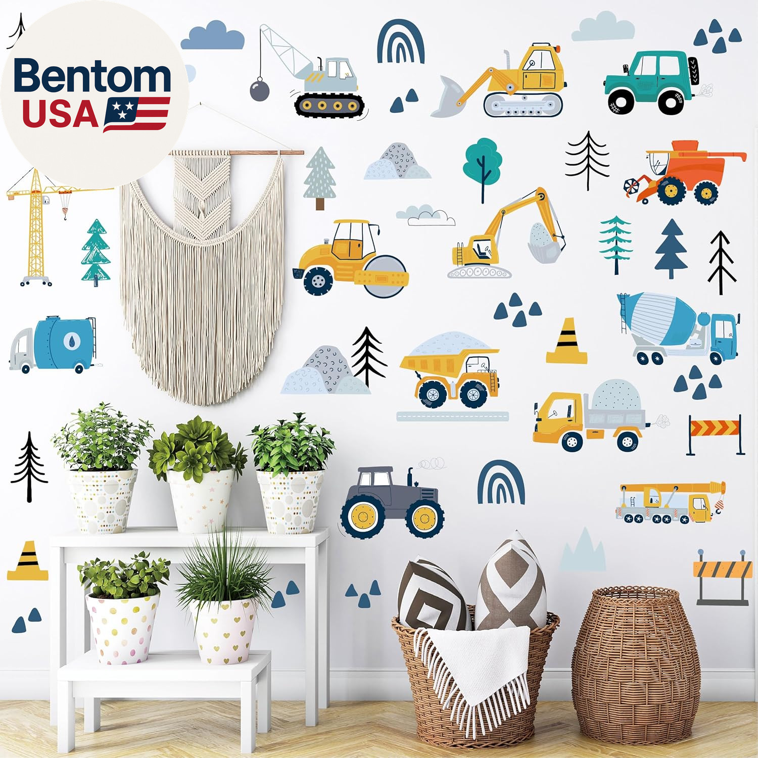 Construction Vehicle Wall Decals – 90Pcs Reusable Peel and Stick Vinyl Stickers