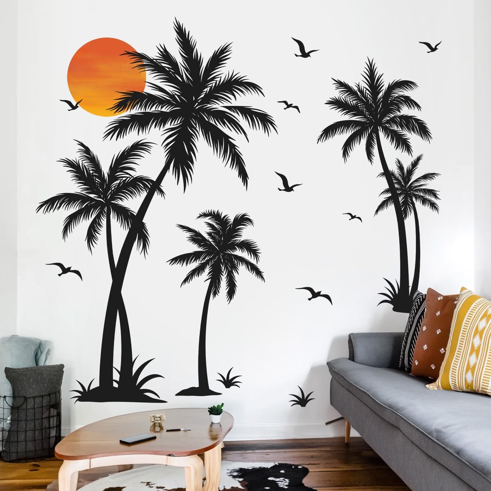 wondever Large Black Palm Tree Wall Stickers Tropical Tree Plants Birds Peel …
