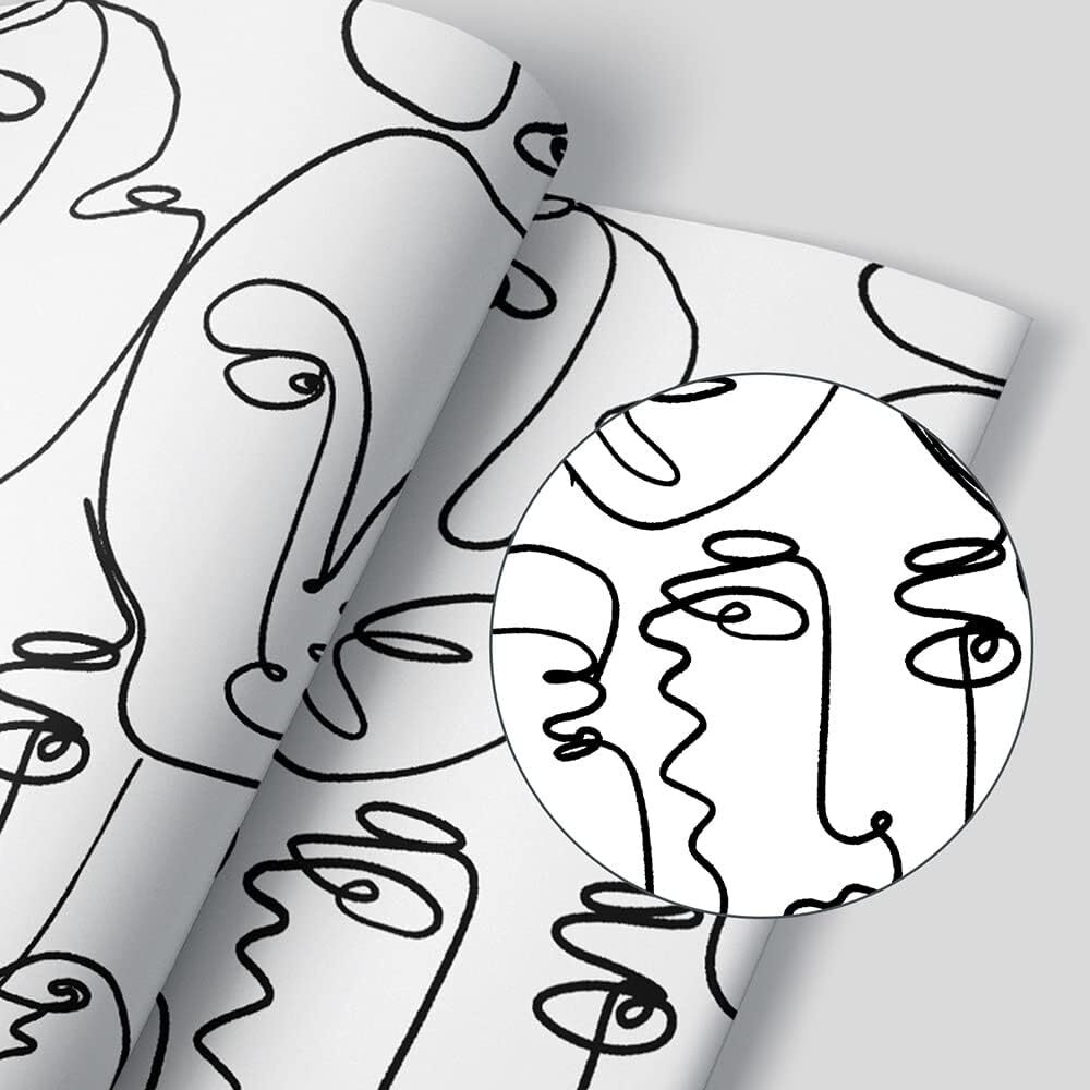 Modern Peel and Stick Abstract Line Face Wallpaper for Art Wall Black/White