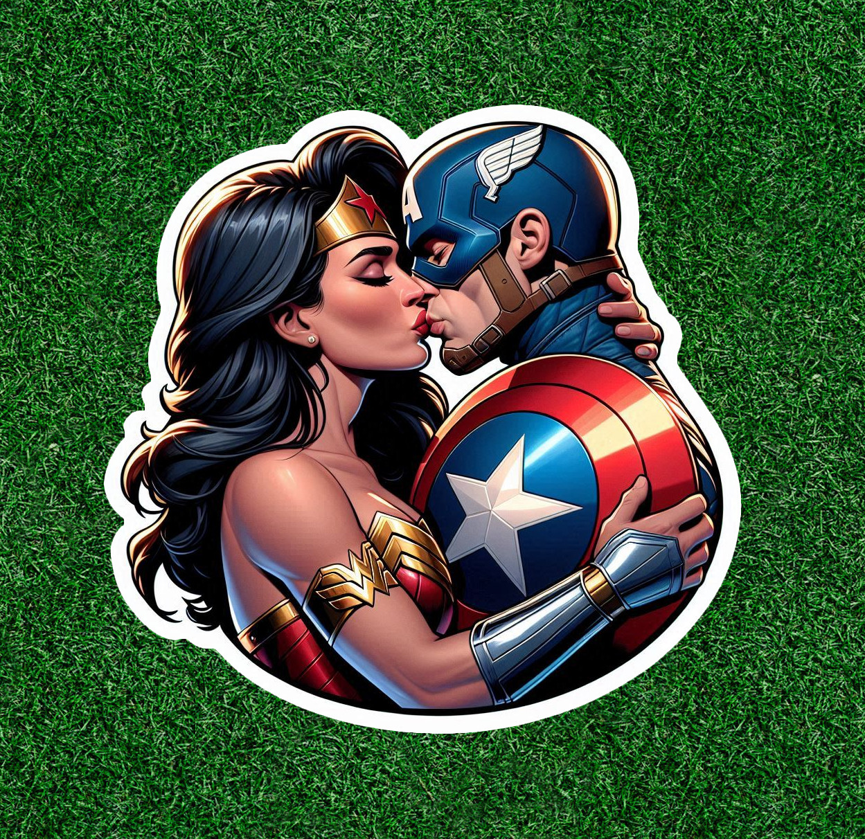 Wonder Woman Kissing Captain America waterproof vinyl sticker – Several Sizes