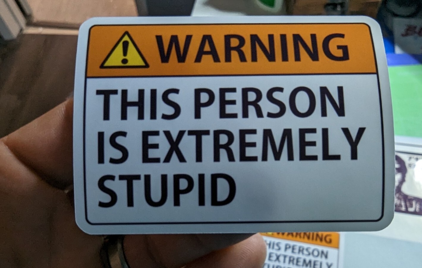 ‘WARNING THIS PERSON IS EXTREMELY STUPID’ 3×2″ printed vinyl sticker funny 3 pak