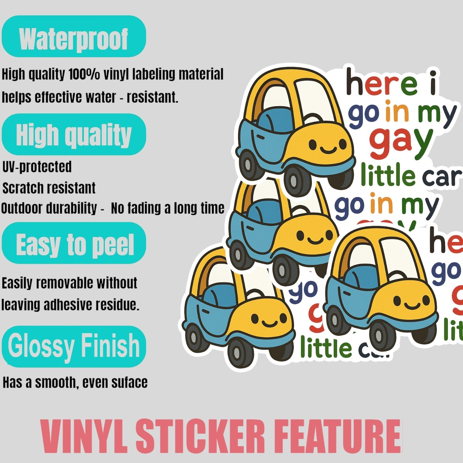 4PCS “Here I Go in My Gay Little Car” Stickers – Funny LGBTQ+ Meme Vinyl Decal