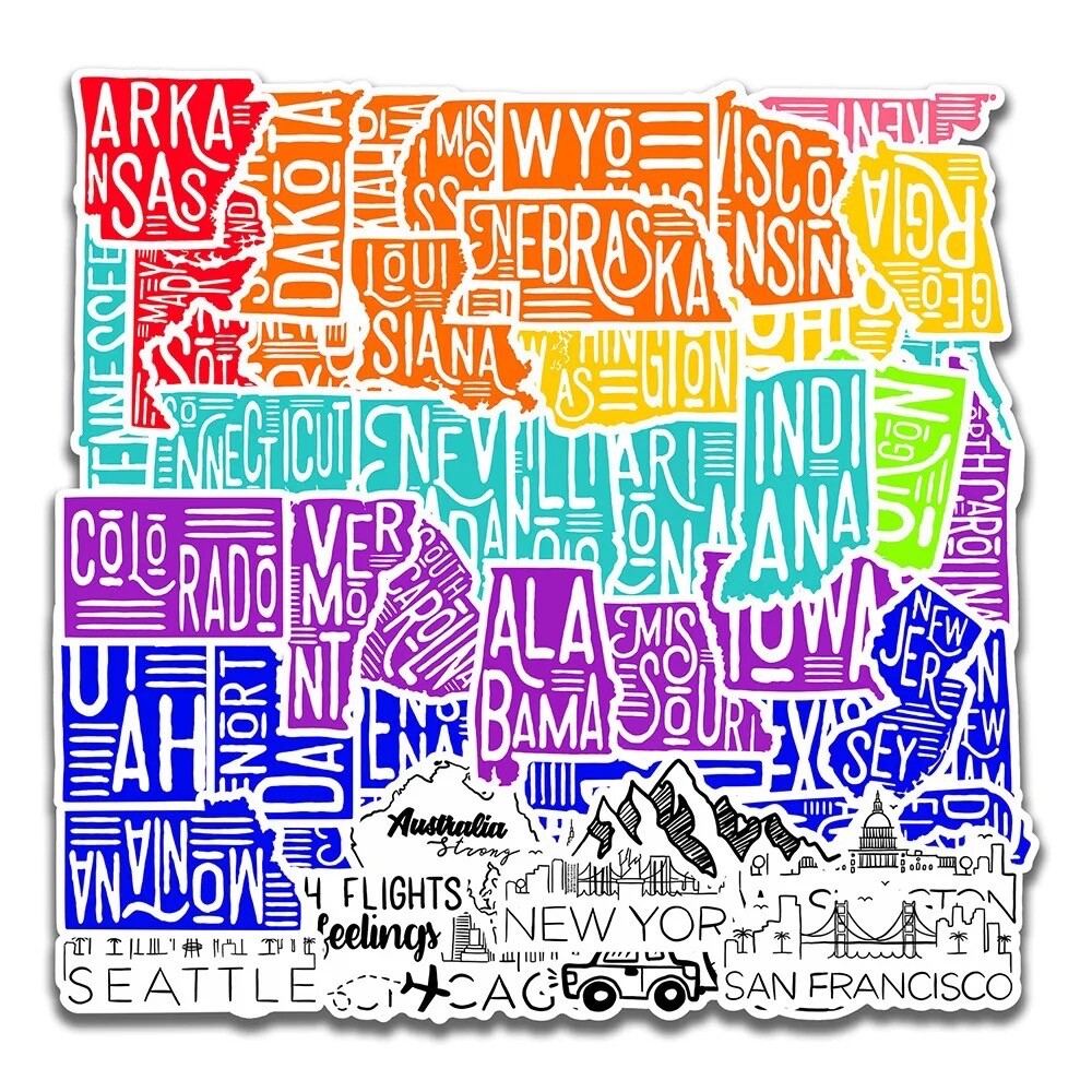 50 Travel Text Stickers US States Tourist Decals Hydro Laptop Yeti Free Shipping