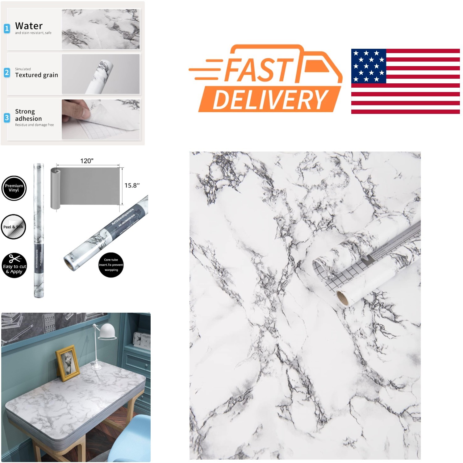 Durable Marble Contact Wallpaper 15.8 Inch by 120 Inch for Creative Projects