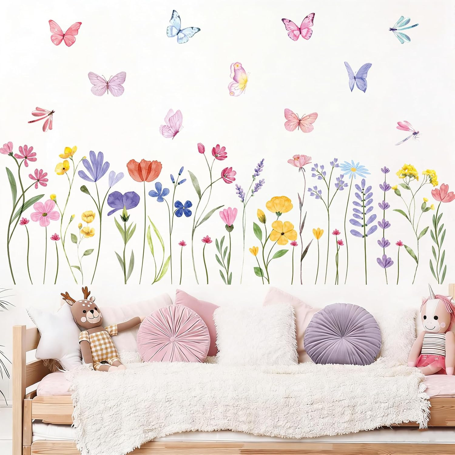 Flower Wall Decals – 8 Sheets 60 Pcs Floral Butterfly Wall Stickers Peel and Sti
