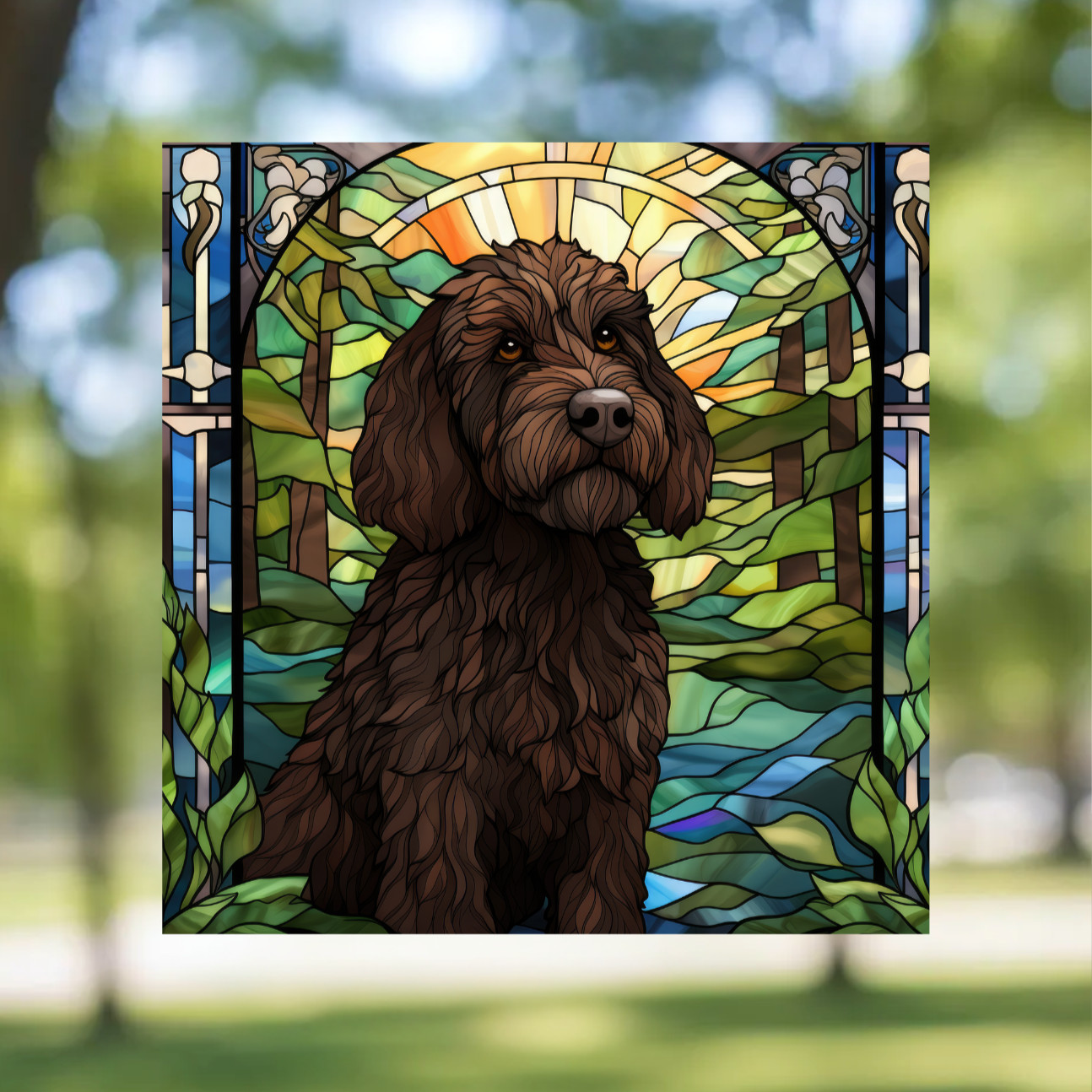 Labradoodle Dog Faux Stained-Glass WINDOW CLING Size 9.2″ Repositionable Vinyl