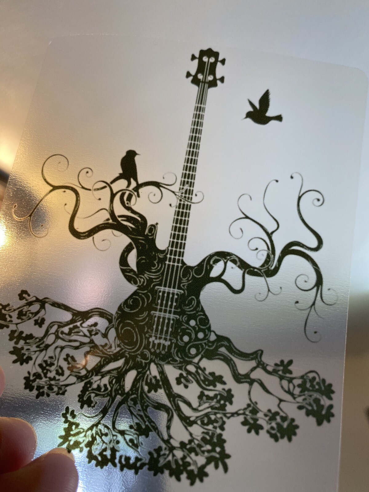 Beautiful Guitar Sticker On Clear (3.5 Inch) Tree Bird Spiral Roots