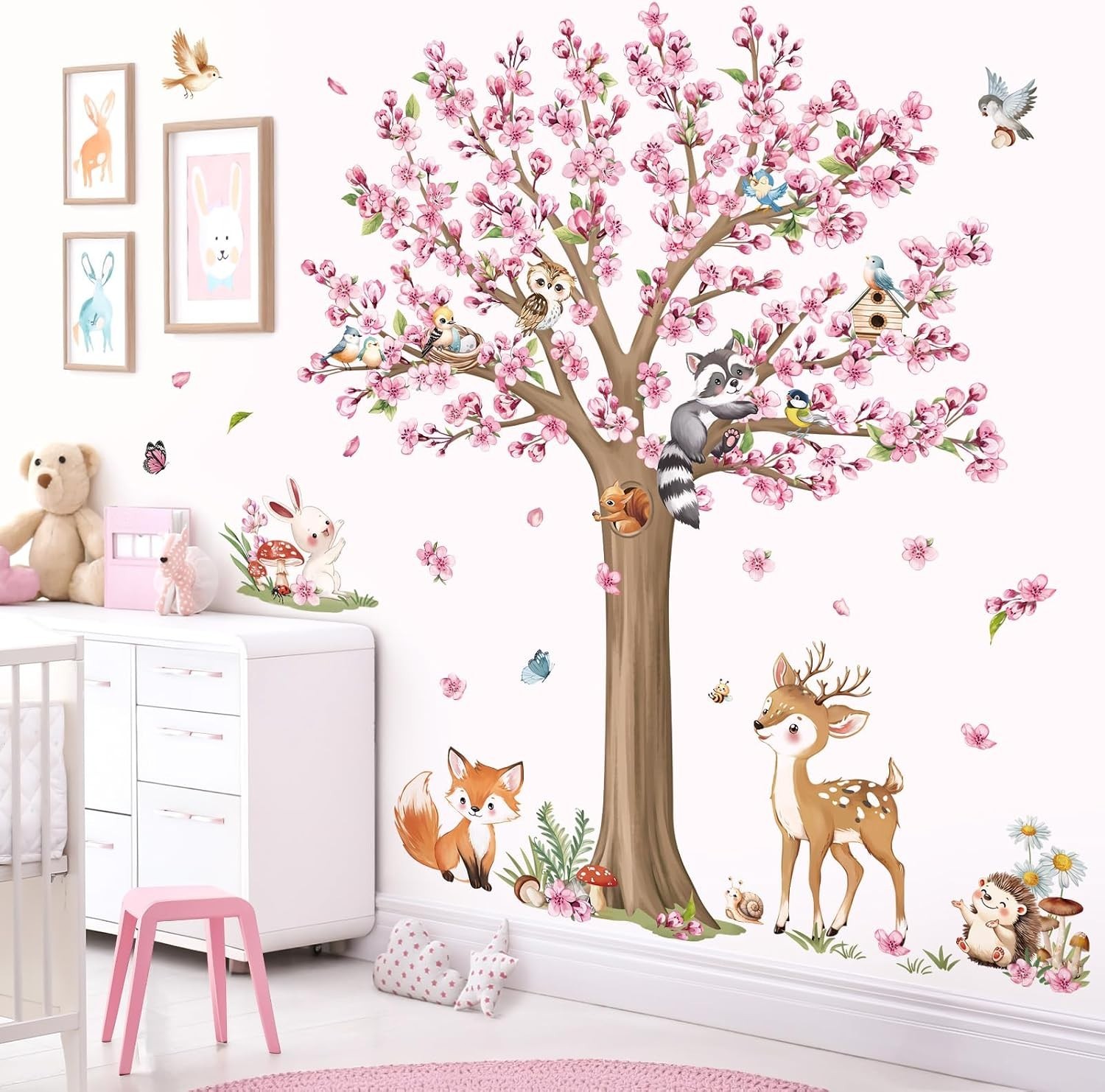 Woodland Animals Large Flower Tree Wall Decals Cherry Blossom Deer Fox Wall S…