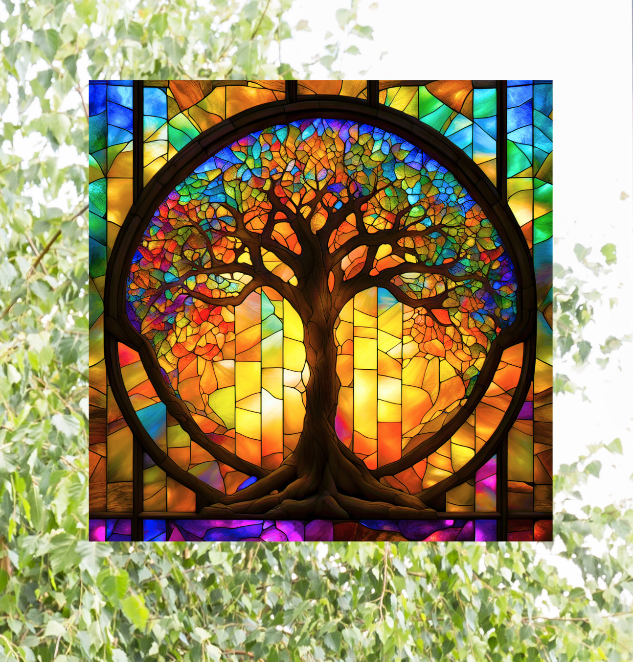 Tree of Life ~ Faux Stained-Glass WINDOW CLING Size 8″ Square Vinyl