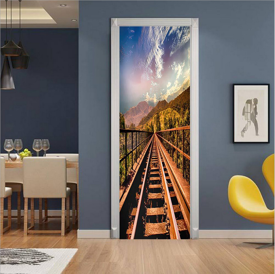 3D Wall Art Sunny Sky Railway Door Sticker PVC Decal Self-adhesive Wrap Mural