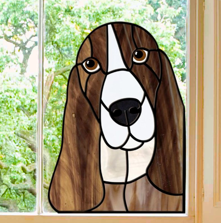 Peeking Basset Hound Dog Faux Stained-Glass WINDOW CLING Size 9.8″ Vinyl