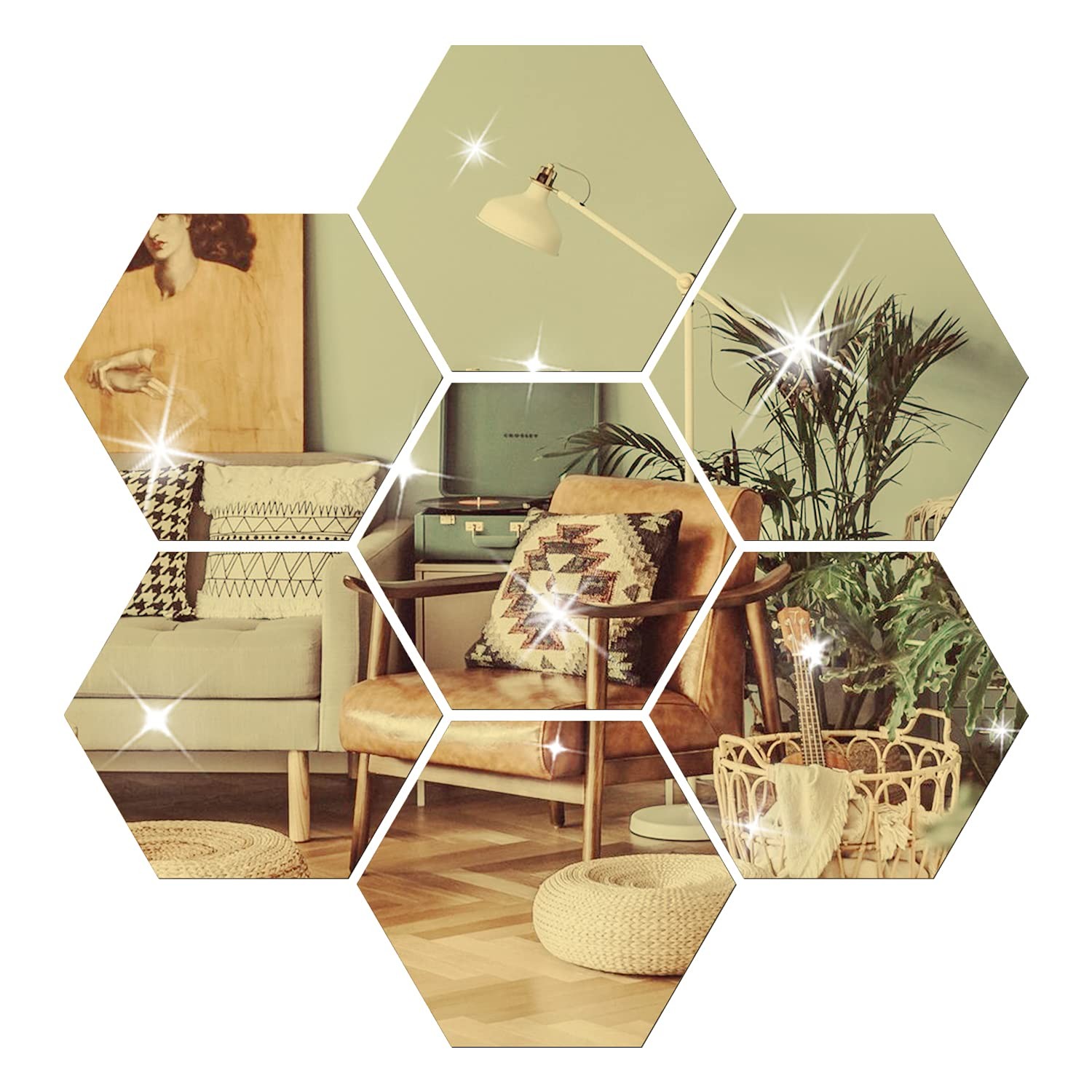 DIY Wall Decals Acrylic Mirror Sticker Set 12 Pcs, Hexagon Mirror Wall Sticke…