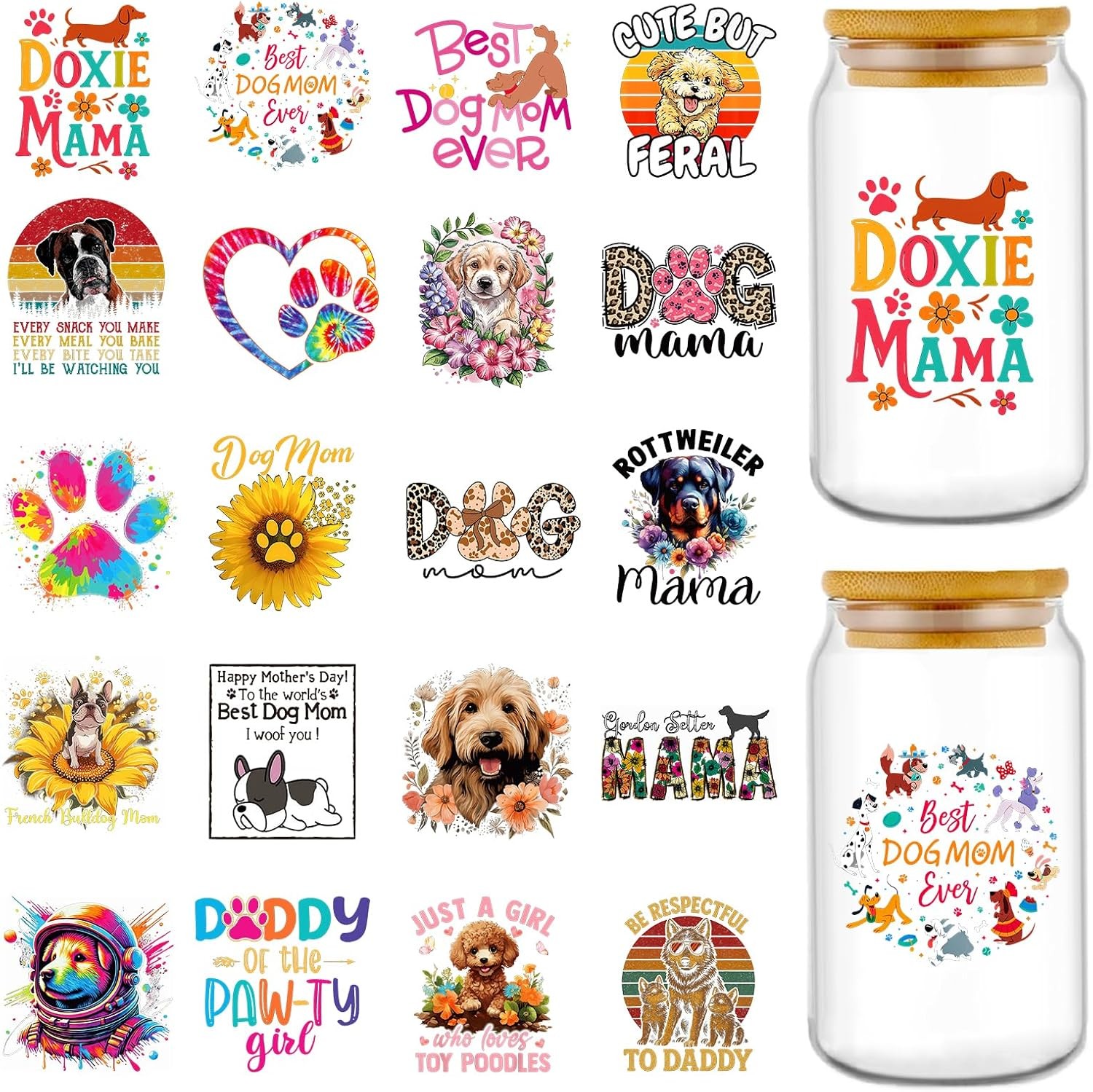 UV DTF Cup Stickers – 20 Pcs Dog Mom UV DTF Cup Wraps for 16 Oz Cute Puppy Anima