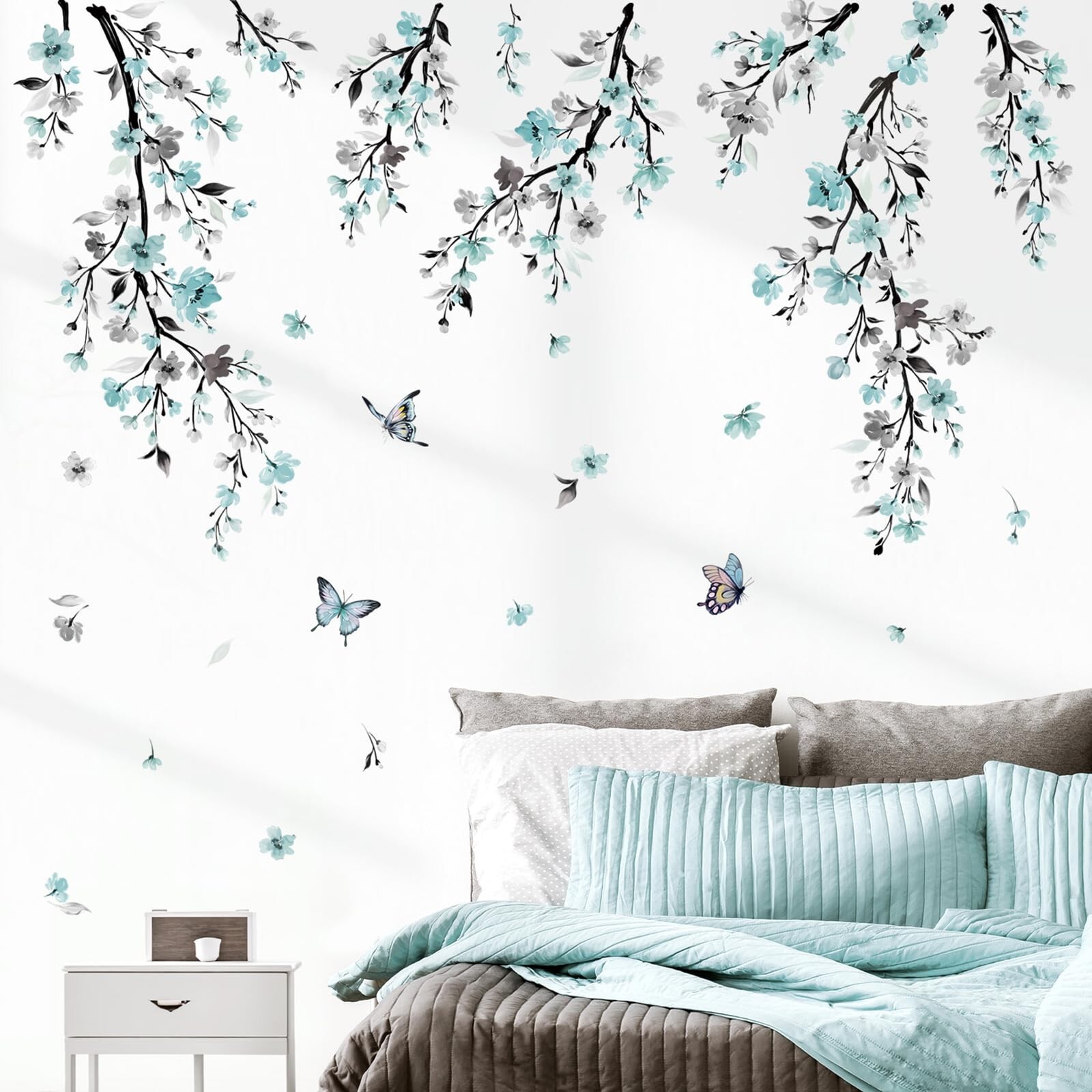 wondever Watercolor Flower Vine Wall Stickers Blue Hanging Floral Tree Branch…