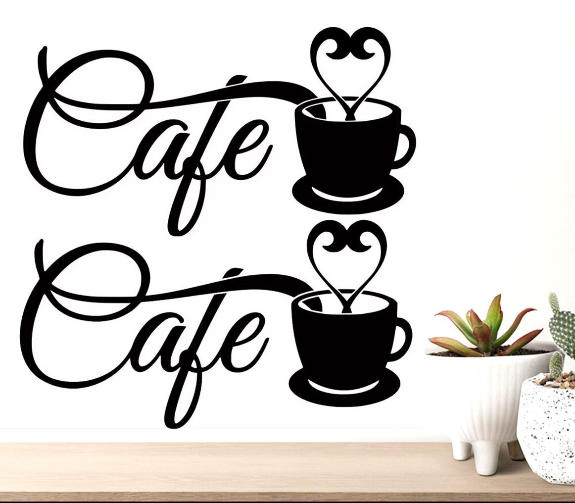 CAFE Coffee Cup Two 8″ Indoor Matte Black Vinyl Decals Wall Mirror Cupboard