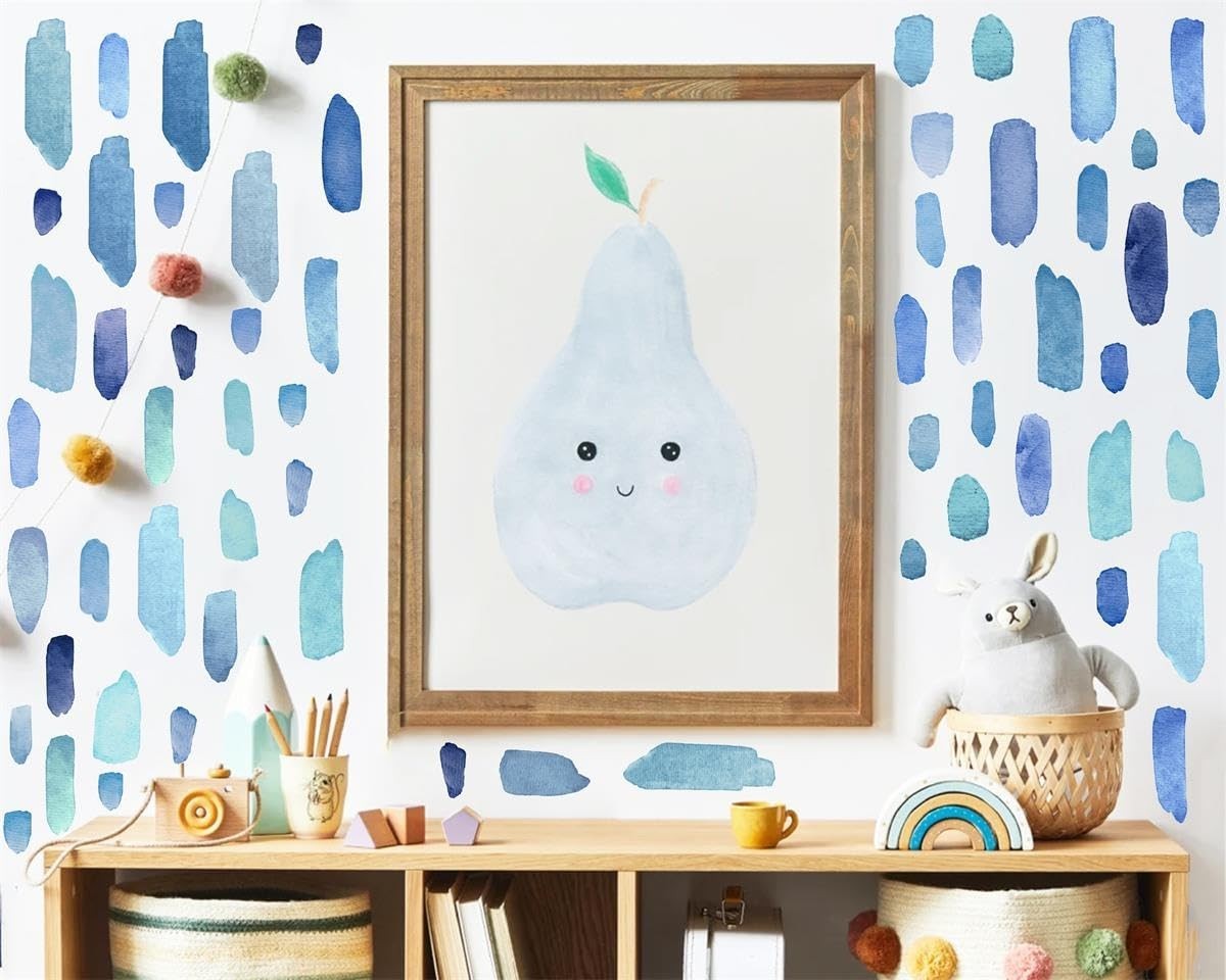 Boho Watercolor Wall Stickers – Removable Blue Stripes Decals for Kids’ Room, Nu