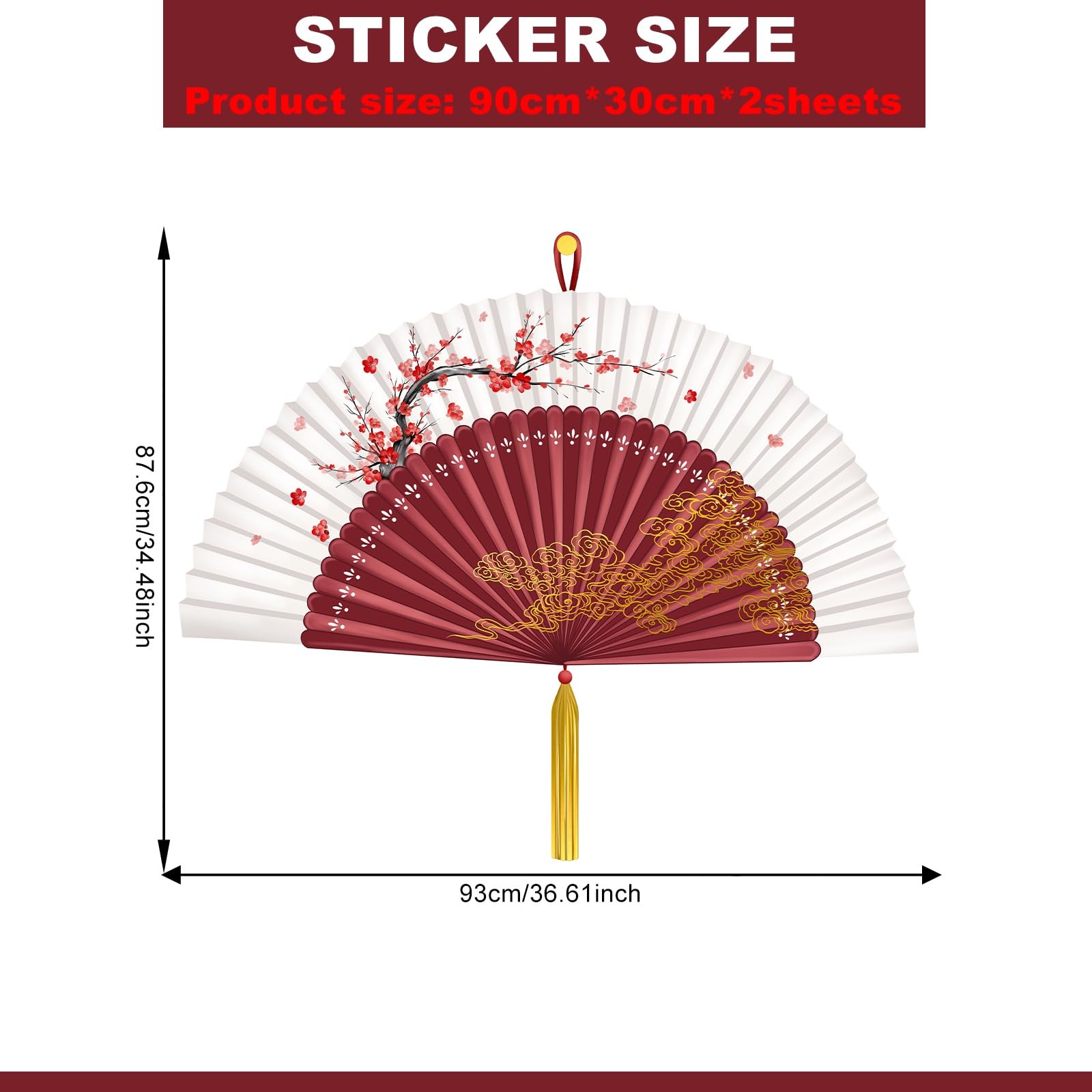 Large Chinese Folding Fan Wall Stickers Plum Blossom with Golden Cloud Accent…