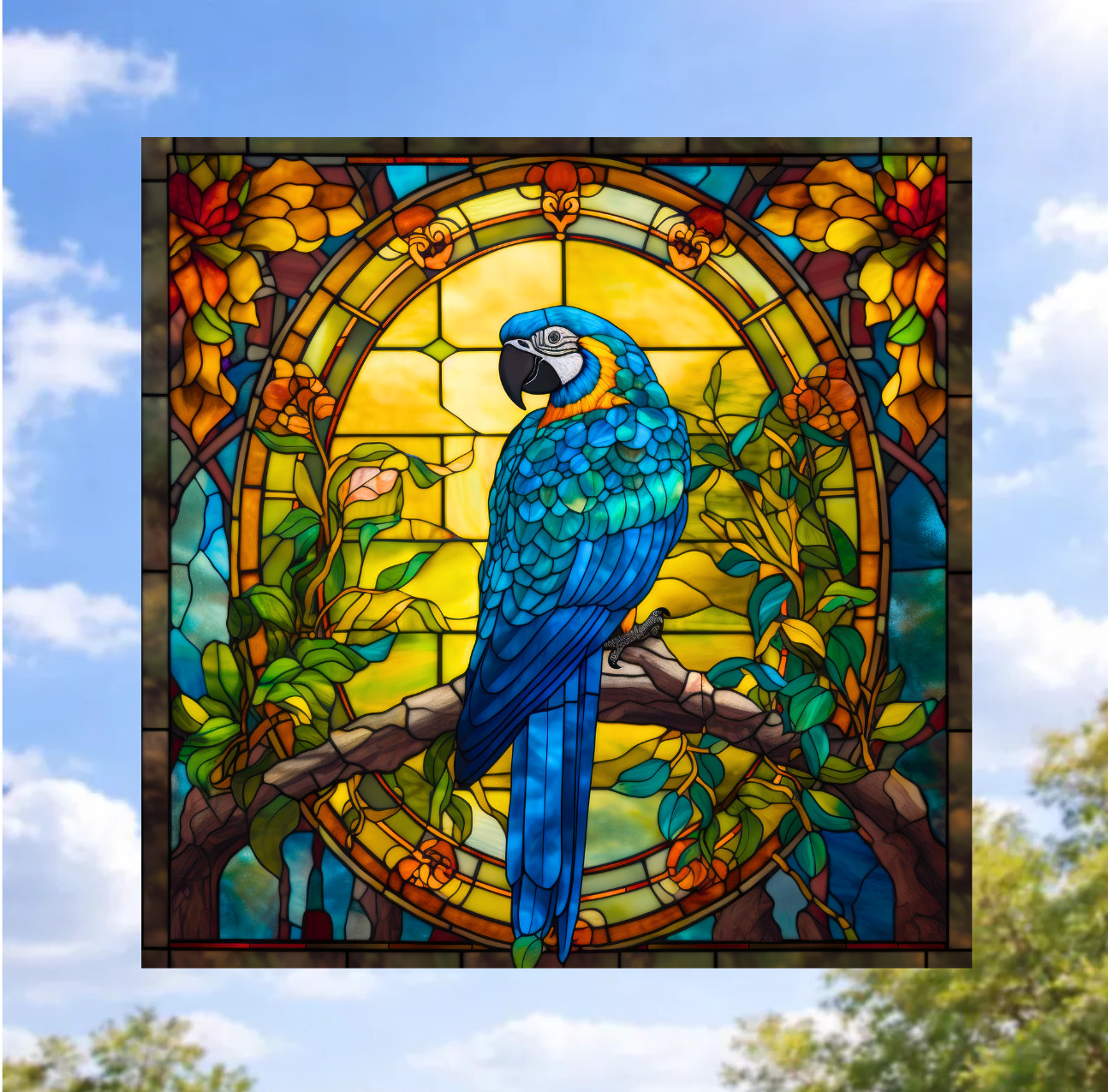 Blue Macaw Parrot Faux Stained-Glass WINDOW CLING Size 8″ Square Vinyl
