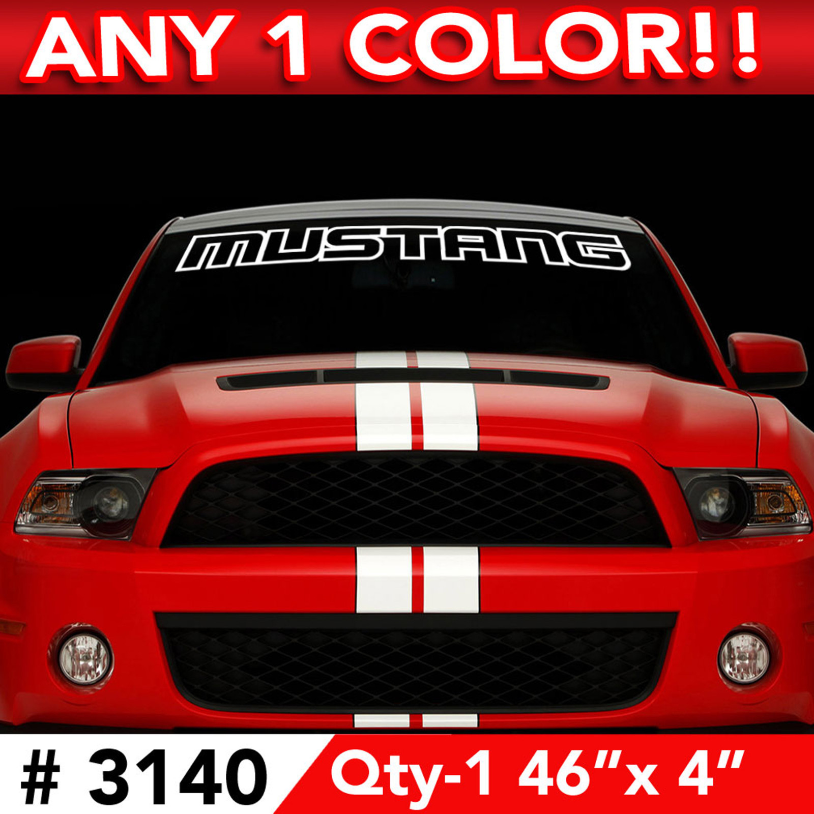 MUSTANG OUTLINE TEXT WINDSHIELD DECAL STICKER 46″w x 4″ ANY 1 COLOR