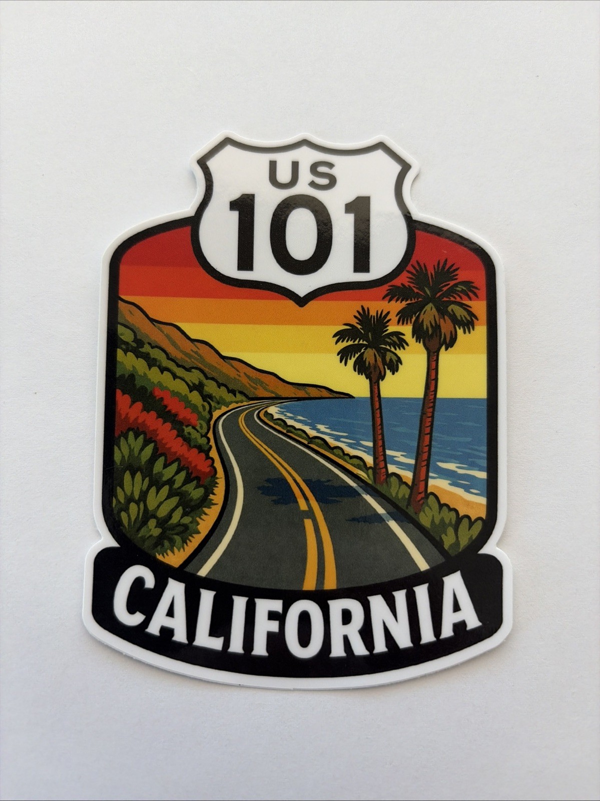 US Highway 101 California Beach Pacific Ocean Retro Sunset Sticker